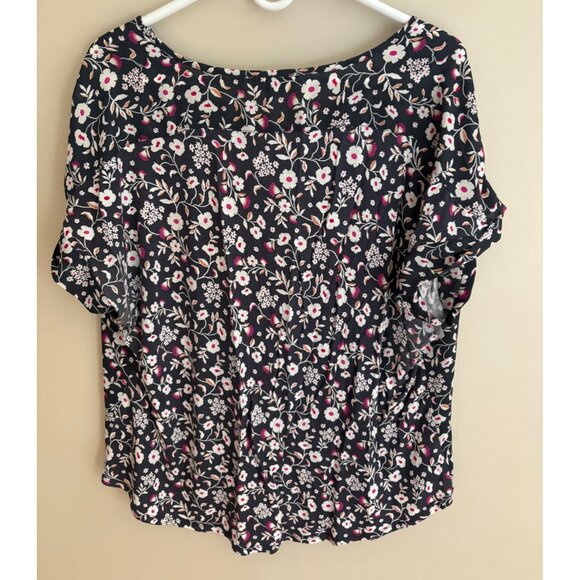 LOFT Floral V-Neck Blouse Black Short Sleeve Top Size XL - Picture 9 of 11